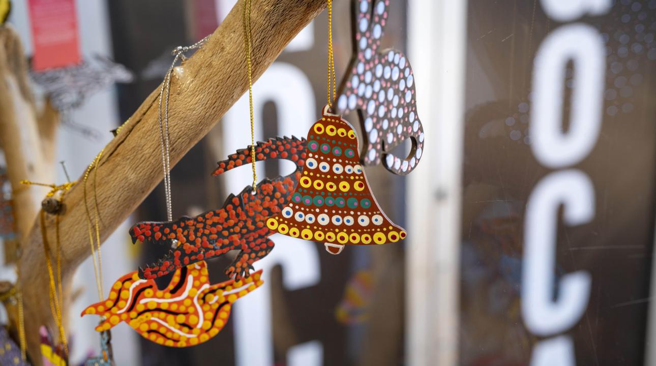 Close up shot of Christmas decorations with Indigenous designs
