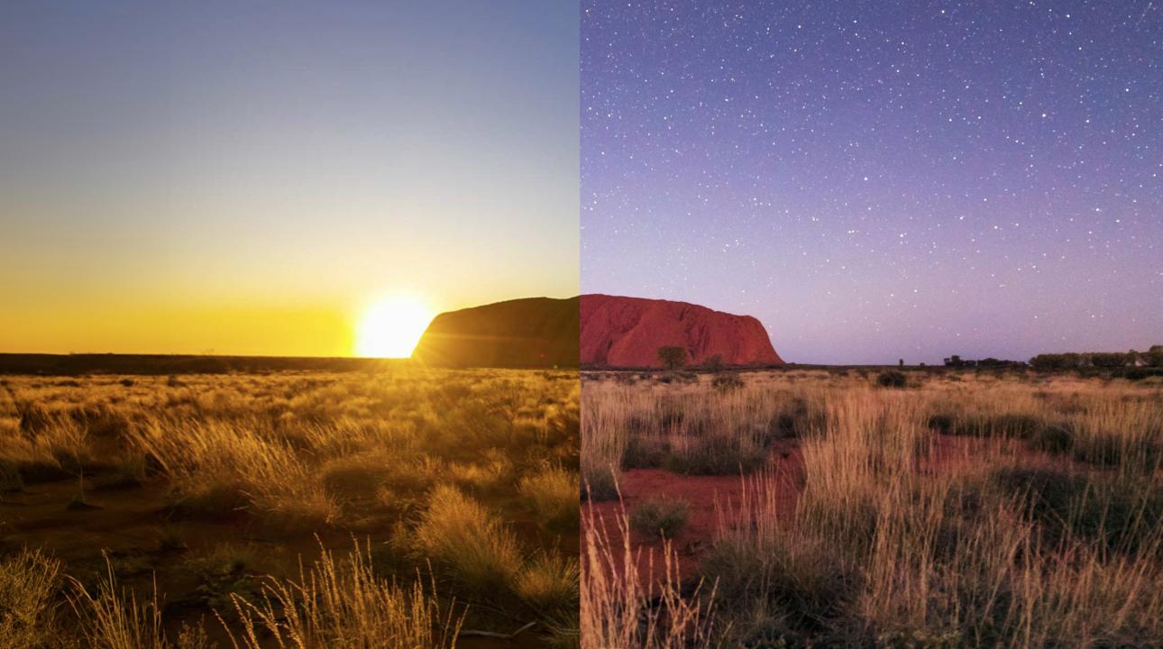 Image combining Uluru at sunrise and sunset