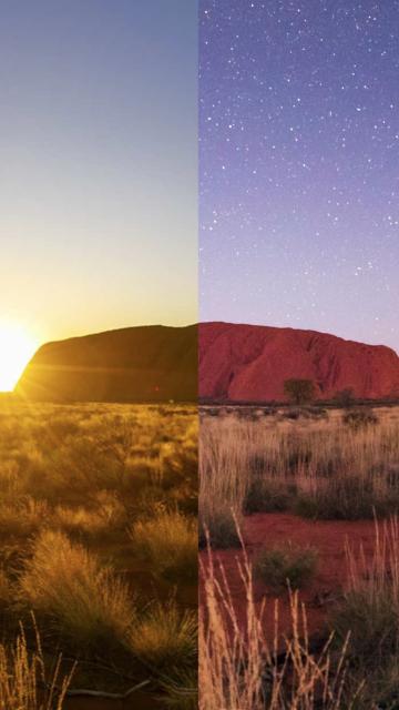 Image combining Uluru at sunrise and sunset